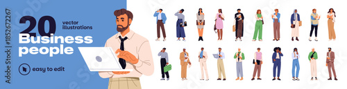 Business people set. Modern businessmen and businesswomen with phones and laptops. Diverse busy men and women are office workers, employees. Flat isolated vector illustrations on white background