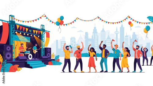 Vibrant flat vector illustration of a lively outdoor music festival featuring a live band on stage, a diverse crowd of people dancing, and a modern city skyline.
