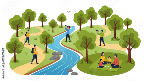 Flat vector illustration of people enjoying outdoor activities in a green park with a river, including hikers, birdwatchers, and a family having a picnic lunch.