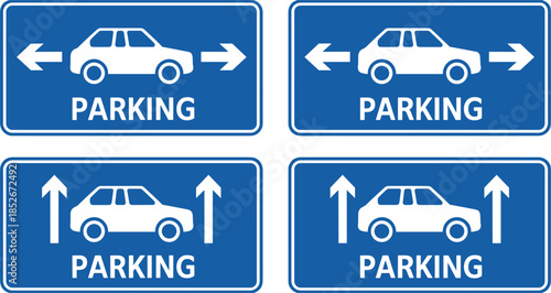 Set of four blue parking signs with white car icons and arrows symbol traffic