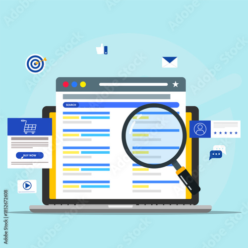 Flat illustration of online search and digital marketing concept showing website analysis, SEO optimization, data research, content discovery, and user engagement through search engines