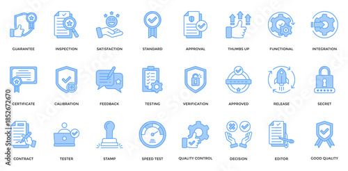 Quality Assurance icon set. Containing guarantee, satisfaction, standard, certificate, verification, integration, quality control, good quality icon. Lineal blue style