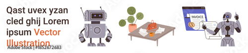 Robotics, digital technology, business tools, artificial intelligence, finance, eco-friendly . A robot, workspace table with plants and a digital invoice scene. Robotics and digital technology