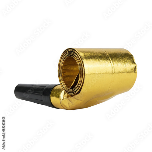 Tableau sur toile Rolled gold metallic party blower noisemaker on transparent background