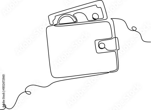 One Line Art Drawing of a Wallet with Cash Banknotes for Finance Concept