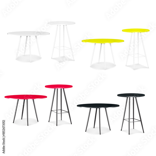 Round counter table with metal legs. Realistic 3d vector mockup set. Black, white, color. Easy editable. Four legged circular tabletop desk. Mock-up. Template for design
