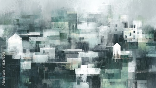 Abstract landscape of buildings, muted colors, watercolor style, peaceful and serene composition