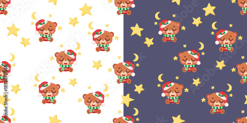 Cute Christmas seamless pattern with sleeping bear in Santa hat, stars and moon, two color versions for kids fabric, nursery decor, wrapping paper, greeting cards, packaging and festive design