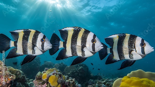 Three Sergeant Major Damselfish swimming in clear blue ocean water above a colorful coral reef, illuminated by bright sun rays