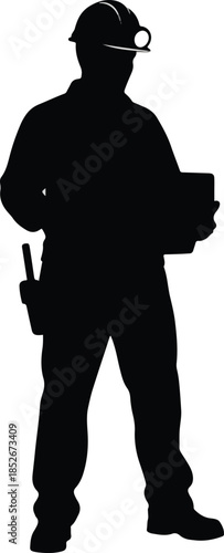 Silhouette of a person in a hard hat holding items