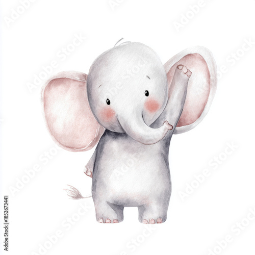 Cute watercolor baby elephant waving its trunk with blush cheeks
