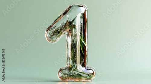 Transparent glass number one with greenery inside on pastel background