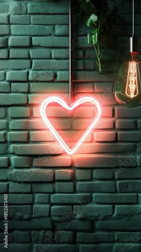 Neon heart light on green brick wall with vintage bulb