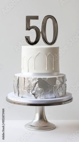 Elegant two-tier white and silver 50th anniversary cake with metallic number topper