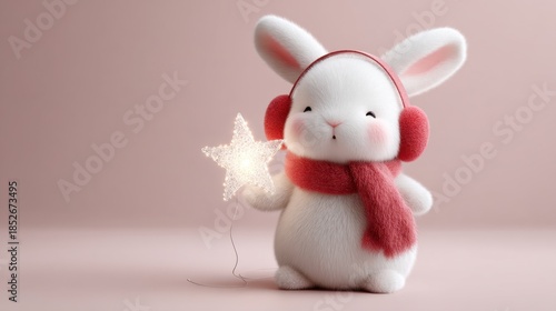 Cute bunny with ear muffs and star decor on pink background
