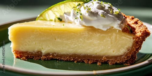 Delicious key lime pie slice with whipped cream and lime garnish on green plate