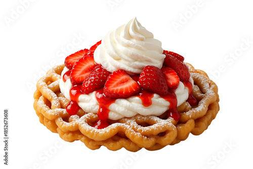 Golden Funnel Cake Served with Strawberries and Rich Cream Swirl Isolated on a Transparent Background