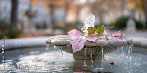 Autumn leaves on fountain with rippling water and soft light in tranquil park setting