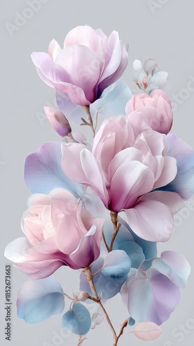 Elegant pastel magnolia flowers with soft petals and blue leaves on gray background