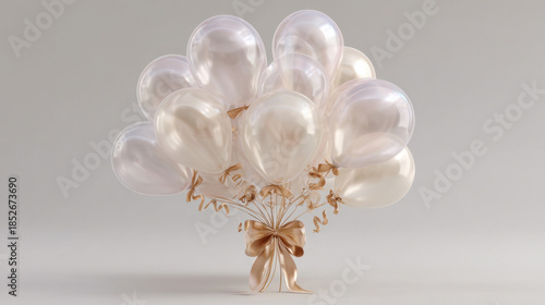Elegant bouquet of pearl balloons with golden ribbon against soft background. Balloons Around the World Day. Birthday Celebration Cake, International Cake Day