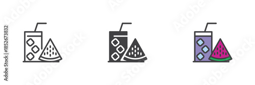 Watermelon cocktail line, solid and colorful different style icon set pack