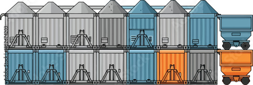 Stacked industrial silo containers and rail carts in a loading area