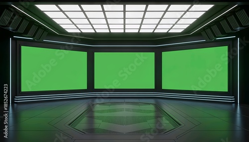 Modern studio with green screen and sleek lighting design
