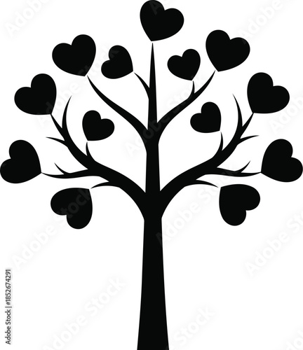 Black and white family tree with heart leaves Vector
