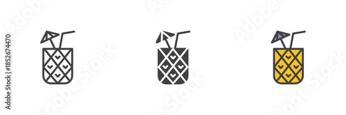 Pineapple cocktail line, solid and colorful different style icon set pack