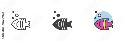Tropical fish line, solid and colorful different style icon set pack