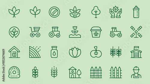 Agriculture and farm line icons set. essential elements of farming industry including tractor, barn, plants, and natural products
