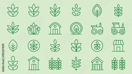 Agriculture farming line icons collection. set of leaves and plants with house and tractor. farm and nature symbols in outline style