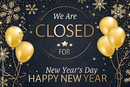 Closed for New Years Day Sign, We Are Closed New Years Day Announcement, Gold Balloons New Year Closure Notice, Happy New Year Business Closed Graphic, Luxury New Years Day Closure Poster
