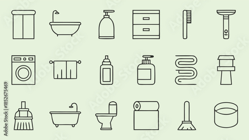 Bathroom and hygiene outline icons including bathtub washing machine toilet and cleaning supplies on pale background