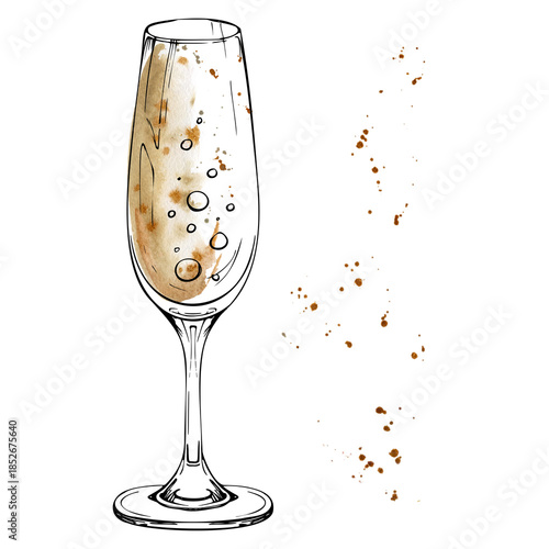 Brut champagne, white wine or fizzy soda drink with bubbles in flute glass, watercolor tones and fine ink lines. Hand drawn for bar menu prints, travel and lifestyle blogs, exotic decor visuals.