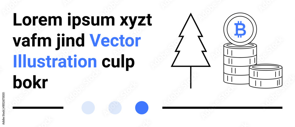Obraz premium Bitcoin coins on stacked platforms next to a pine tree, accompanied by lorem ipsum text and navigation dots. Ideal for cryptocurrency, blockchain, nature, minimalism, finance, eco-concepts, simple