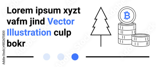 Bitcoin coins on stacked platforms next to a pine tree, accompanied by lorem ipsum text and navigation dots. Ideal for cryptocurrency, blockchain, nature, minimalism, finance, eco-concepts, simple