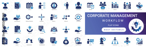 Corporate management workflow solid icon set featuring business optimization process, strategic organization planning, and teamwork efficiency vector symbols.
