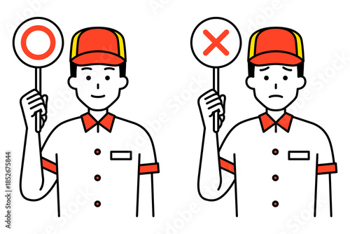 ○×マークを掲げるファストフード店の男性店員