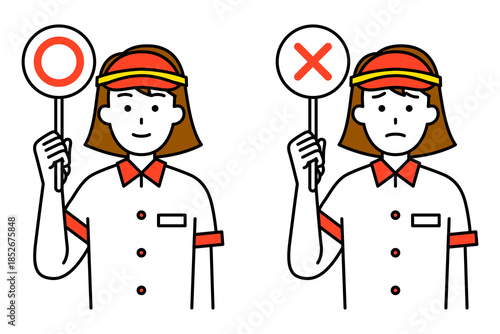 ○×マークを掲げるファストフード店の女性店員