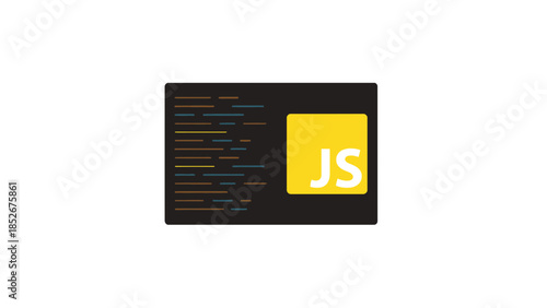 JavaScript logo on black background with colorful coding lines illustration