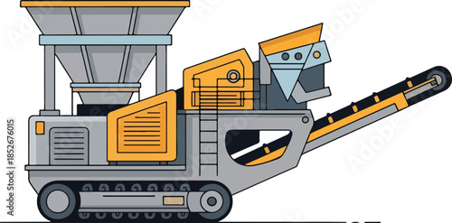 Stylized illustration of a tracked mobile rock crushing and screening machine