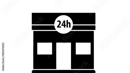 24 hour store icon, black and white, open 24 hours a day