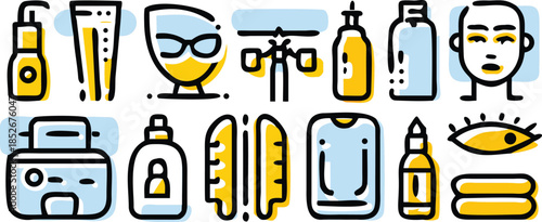 Assortment of beauty and skincare line art icons including cosmetic bottles facial treatments and personal hygiene items