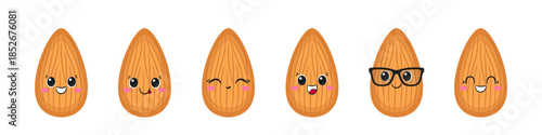 Set almond, cute cartoon character, tasty and healthy nut, happy smiling face, emotions joy delight, big eyes, kawaii style, flat vector illustration.
