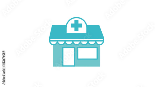Teal pharmacy storefront icon with white and blue accents and cross sign