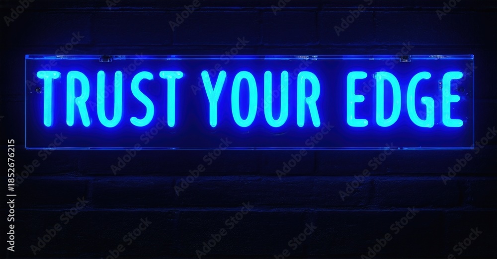 Obraz premium Bright neon sign displays motivational phrase Trust Your Edge against dark brick wall. Simple, bold lettering creates striking visual impact.