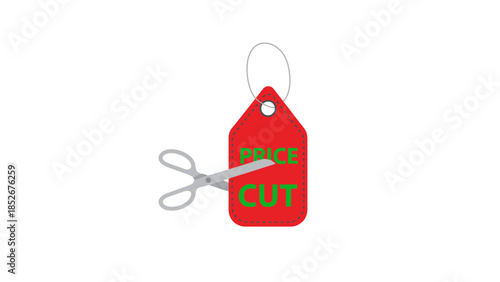 Red price cut tag with scissors cutting through it, sale discount concept