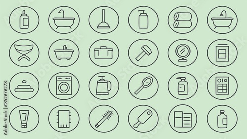 Circular bathroom and hygiene icons depicting bathtub toilet soap dispenser and cleaning tools on light green background