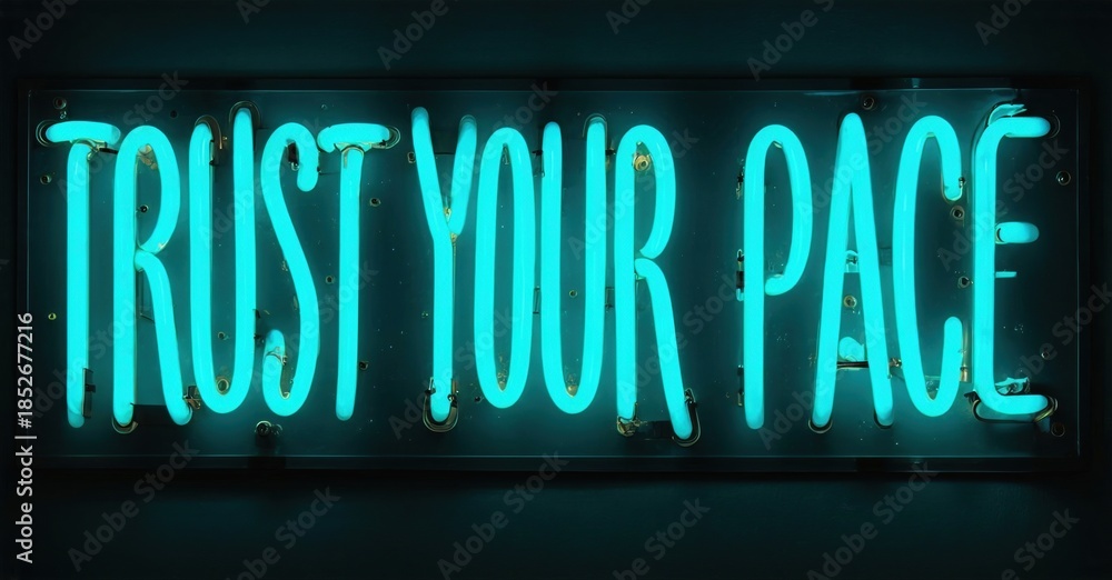 Fototapeta premium Bright neon sign displays positive message. Turquoise glow contrasts dark background. Simple typography, motivational quote visible.